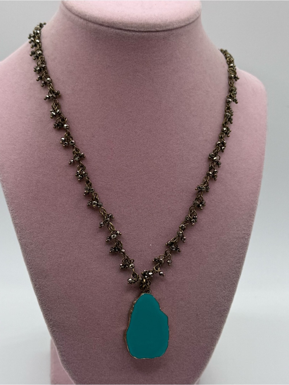 Vintage fossil Teal Stone Pendant Necklace